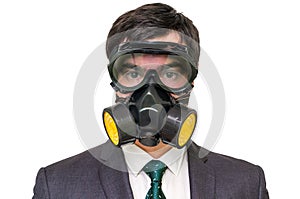 Businessman with gas mask isolated on white