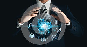 Businessman with gears on virtual interface. Business process analysis and innovation with global network connectivity.