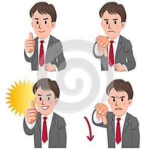 Businessman with gestures of thumbs up and down