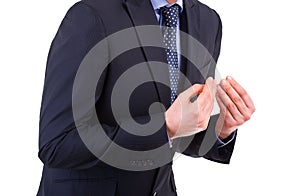 Businessman gesturing with both hands.