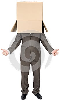 Businessman gesturing with cardboard box on head