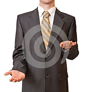 Businessman gesturing with empty up and down hands