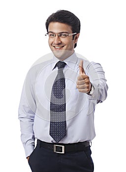 Businessman gesturing and smiling
