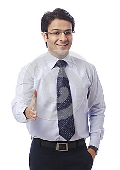 Businessman gesturing and smiling