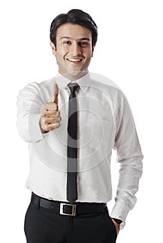 Businessman gesturing and smiling