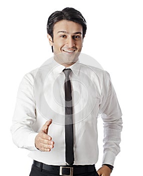 Businessman gesturing and smiling