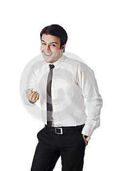 Businessman gesturing and smiling