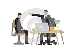 Businessman get scolding from his boss. Concept of corporate politics, business failure or work mistake. Vector illustration in