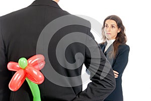 Businessman gift flower balloon to boss isolated