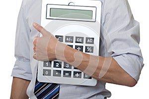 Businessman with gigantic pocket calculator