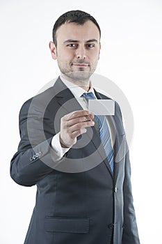 Businessman give empty white business card