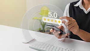 Businessman give 5 stars rating on virtual touch screen to service experience. Customer service and Satisfaction concept