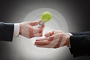 Businessman giving eco light bulb to other businessperson