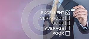 Businessman giving excellent feedback rating as oppose to five option Good, Average and Poor ratings. copy space. Customer