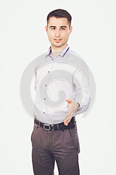 Businessman giving hand for handshake, isolated on white background