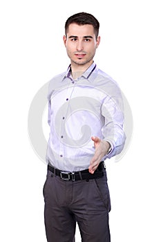 Businessman giving hand for handshake, isolated on white background