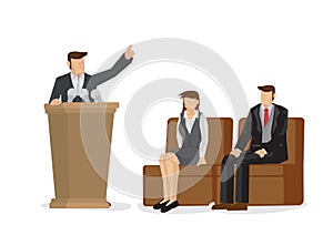 Businessman giving a life coaching speech with an audience