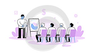 Businessman giving presentation in front of group iof people. room. Business meeting, office workplace. Flat vector