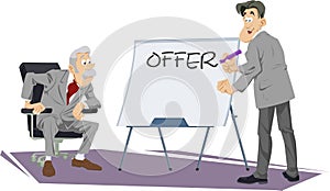 Businessman giving presentation. Manager makes an offer
