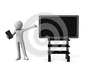 A businessman giving a presentation next to a large display. Spread your left hand and appeal its features.