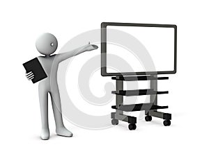 A businessman giving a presentation next to a large display. Spread your left hand and appeal its features. 3D rendering.
