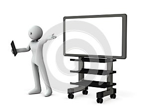 A businessman giving a presentation next to a large display. Spread your left hand and appeal its features. 3D rendering.