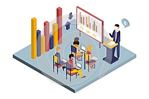 Businessman giving presentation to employees in office conference room, modern office interior vector illustration