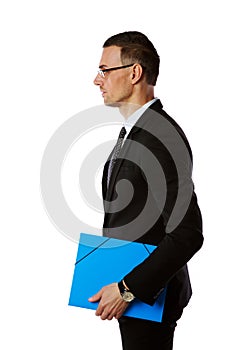 Businessman in glasses with blue folder