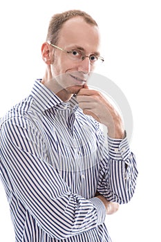 Businessman with glasses looking at camera considering isolated