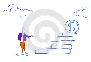 Businessman go up ladder stairs dollar coin podium money cash growth wealth concept man climbing successful business