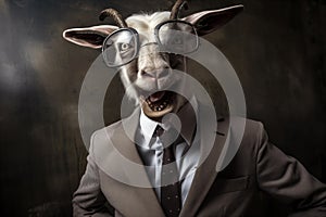 Businessman with goat head expressing crazy screaming muzzle. Generative AI