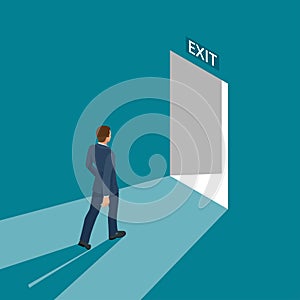 Businessman going exit door sign, emergency. Business solution or exit strategy concept. Leaving the office building