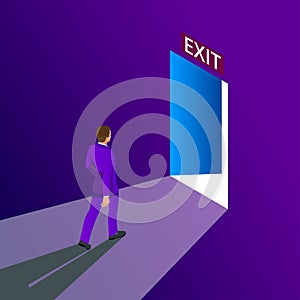 Businessman going exit door sign, emergency. Business solution or exit strategy concept. Leaving the office building