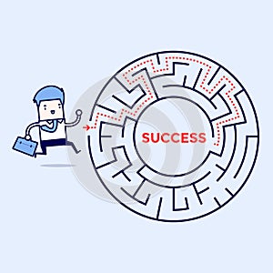 Businessman going to success in a maze. Cartoon character thin line style vector