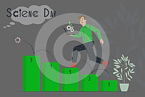 Businessman going up. Business man with case rises to top step of stairs. Career concept in flat design style. cartoon