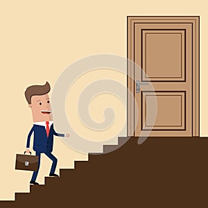Businessman going up the stairs to door. Businessman stepping up a staircase to success. Business Concept. Vector illustration