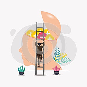 Businessman going up stairs to take negative thought. Get rid of negative thoughts concept vector illustration