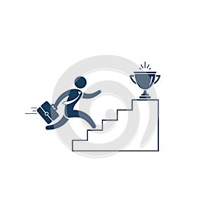 Businessman going up the stairs towards a trophy, Vector simple illustration