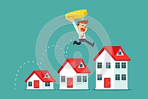 businessman with gold coin jump over the roof to taller house photo