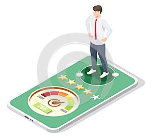 Businessman good credit score report, history on mobile, vector isometric illustration. Personal credit rating online.