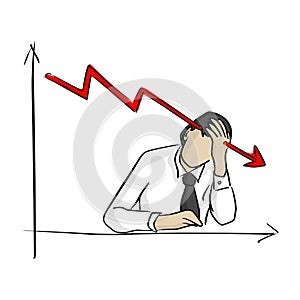 Businessman grabbing his head with graph going down vector illustration sketch doodle hand drawn with black lines isolated on