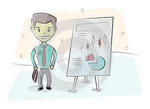 Businessman and graphs on white board. Presentation concept, seminar, training, conference. Character man in cartoon