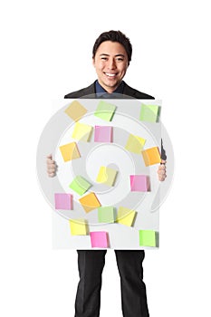 Businessman in grey suit with board full of notes