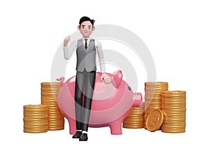 businessman in grey vest sitting on pig piggy bank and celebrating clenching hands