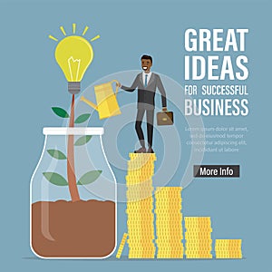 Businessman growing ideas tree. African american investor watering plant in glass jar. Creativity, brainstorming