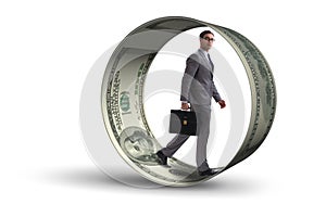 The businessman in hamster wheel chasing dollars