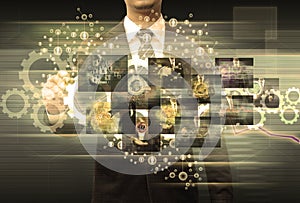 Businessman hand drawing business graph