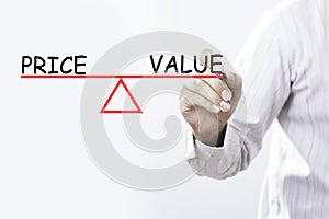 Businessman hand drawing Price and Value balance - Business concept.