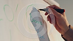 Businessman hand drawing whiteboard close up. Trainer presenting business plan.