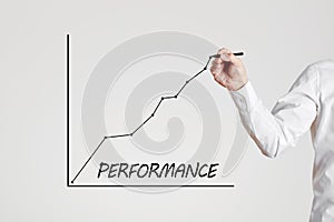 Businessman hand draws a rising line graph with the word performance. Increasing business or job performance